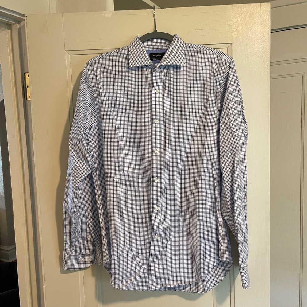 Men's Esquire Dress Shirt Size 15 1/2 34/35 White and Blue Plaid 100% Cotton